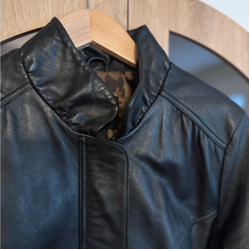 Express Black Genuine Leather Moto Jacket Women Large Leopard Lining Biker - Picture 2 of 8
